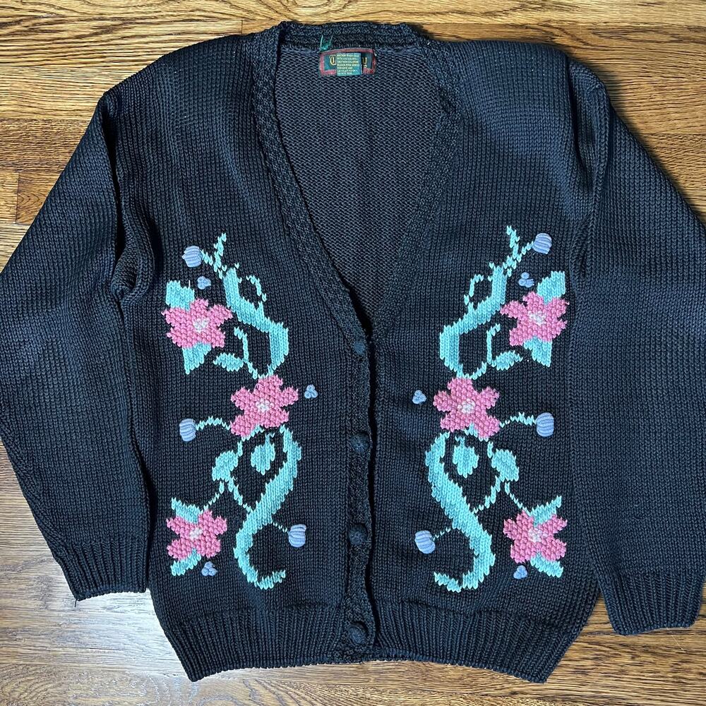 VTG Tilbury Button Cardigan Sweater Womens M Black Floral Cottage Embroidered